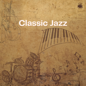 Vintage-inspired jazz image featuring musical instruments like a piano, saxophone, and drums.