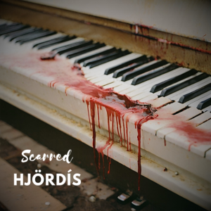 A damaged piano with blood-like markings, symbolizing emotional scars.