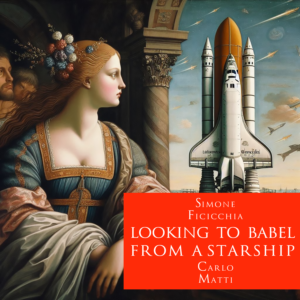 A Renaissance-style woman gazing at a space shuttle, symbolizing the contrast between history and the cosmos.