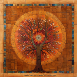 A warm-toned artistic representation of a tree with intricate branches, symbolizing nature, poetry, and femininity.