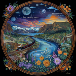 A circular painting depicting a slow-moving train winding through mountains and rivers under a starry sky, surrounded by blooming wildflowers.